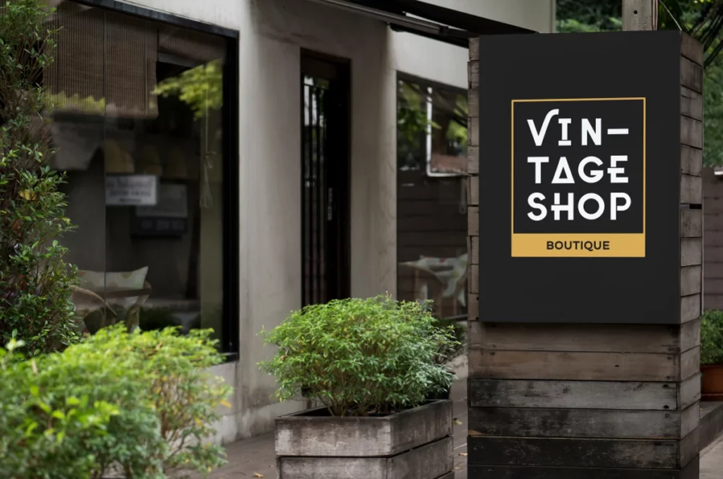 An outdoor sign for a vintage clothing boutique.