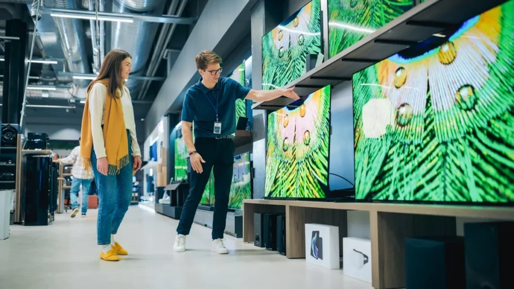A sales associate in an electronics store shows a television to a shopper.