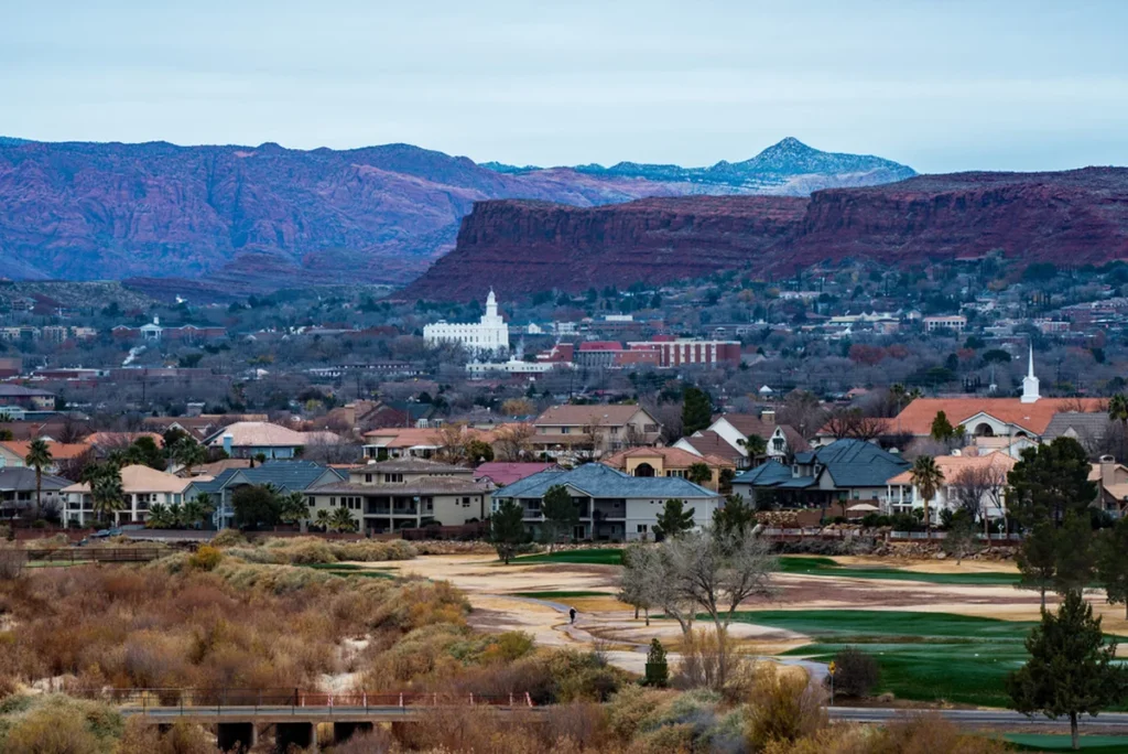 Another aerial view of St. George but with the mountains more visible in the background.
