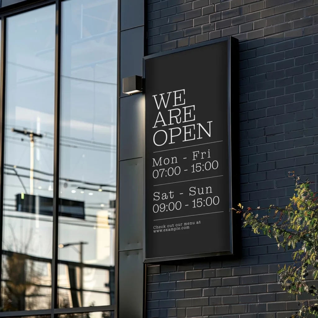 An outdoor sign mounted on the exterior business, which reads 'WE ARE OPEN' and then lists the business hours.