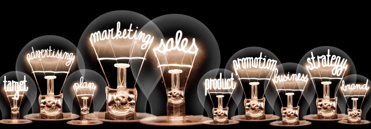 Concept art with lightbulbs representing various parts of business strategy, including marketing.