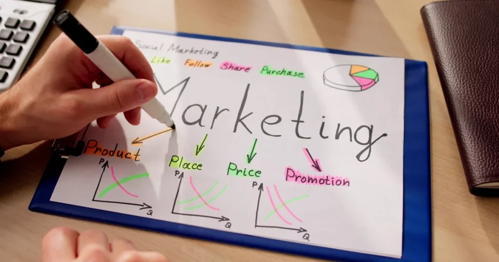 A handwritten diagram of a marketing strategy, drawn on notebook paper.