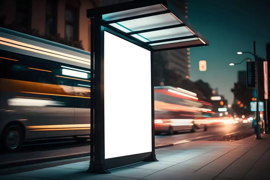 A digital billboard mockup at a transit stop on a busy city street.