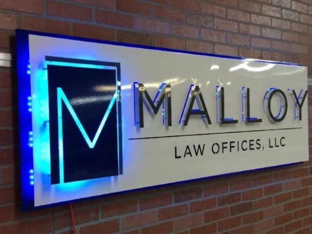 CustomMetalSign-MalloyLaw-Left-lit
