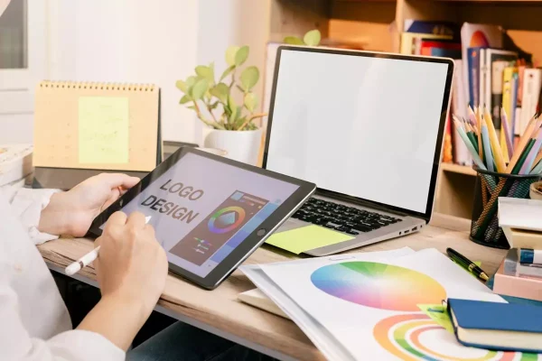 A graphic designer reads a tablet that shows the words 'LOGO DESIGN' on its screen.