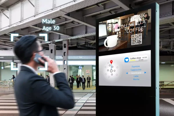 A man looks at a digital wayfinding signage kiosk.