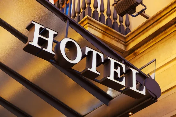 A luxury hotel’s exterior signage.