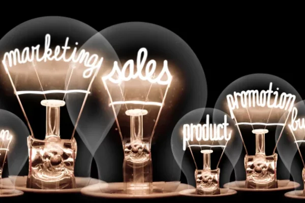 Concept art with lightbulbs representing various parts of business strategy, including marketing.