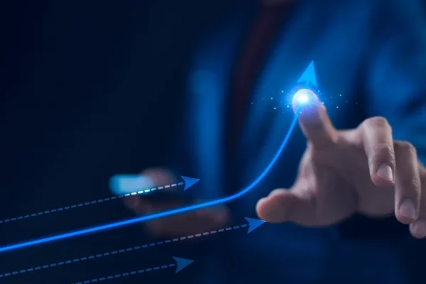 Concept art of glowing upward arrow to symbolize business strategy.