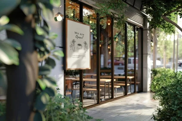 An outdoor business sign for a cafe with charming illustrations that reads 'We are open!'