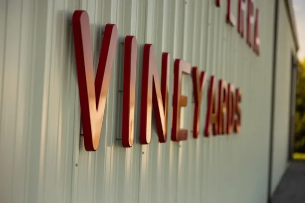 A sign that reads 'VINEYARD' in large red letters on a corrugated metal facade.